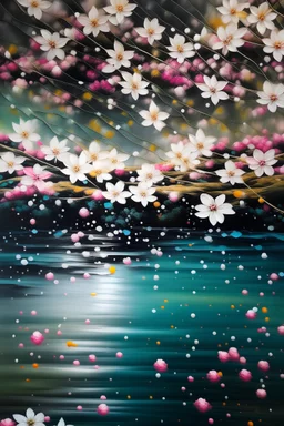 Lush sakura blooms, flowers falling in the water, acrylic painting, fine splatters, fine art, abstract, water ripples, muted colours