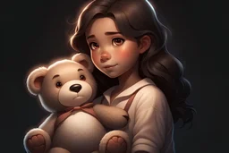 Digital art, high quality, digital masterpiece, natural illumination, film style, comicbook style, (fullbody body:2), (1 young girl holding a big brown teddy bear:2.5), (dark brown hair, wavy:1.8), (cute femenine face:1.8), femenine, (White pajamas:1.5), (Children bedroom:1.8), (Horror movie illumination:2), (Opened Closet:3)