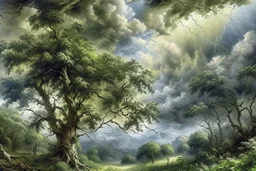 summer thunderstorm, Trees, , Dark Clouds, Bad Weather, June, wet in wet Modifiers: beautiful Arthur Rackham Jean-Baptiste Monge Josephine Wall Thomas Wells Schaller shabby chic Pencil and pastel sketch pastel patchwork line art