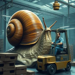 A giant snail in a factory sliming around and are in the way for every worker, a man in forklift screaming and are angry at the snail