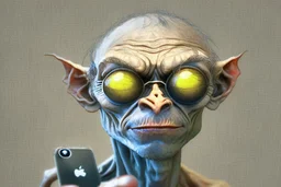 Gollum character from lords of the ring,using iphone with visible apple logo,wearing cool sunglass,realistic,highy detailed