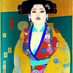 Retrato de cuerpo entero una Gheisha vestida con kimono muy guapa y voluptuosa con el estilo de Gustav Klimt