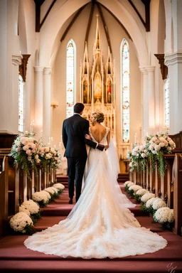 "Picture a timeless moment inside a majestic, sunlit church where a radiant bride and her dashing groom are standing at the altar. The bride is resplendent in her white wedding gown, adorned with intricate lace and a flowing train that cascades gracefully behind her. She holds a bouquet of fragrant, pastel-hued flowers, her eyes shimmering with happiness and anticipation. The groom, in a classic black tuxedo, stands beside her, wearing a warm, proud smile. The church is bathed in soft, golden li