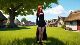 A photorealistic image of a red-haired, slender, witchy woman standing in a village common with neat-mown grass, surrounded by many thatched cottages and shops, under a large tree. Sunny day.