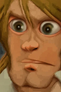 Redraw the cartoon character and fix the image resolution His hair is brown and long, but messy. His lips are closed, showing his bravery. His eyes are lined, showing his determination. He has shadows under his eyes, showing his stress and convert the drawing view 3D panel style digital Painting detailed with a panoramic scene Ultra-wide angle Highly realistic precise details Detailed