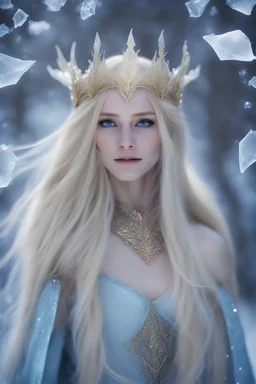 Elven princess, blonde gold hair,rapunzel hair,very long hair,golden armor,light blue,ice flowers,ice crystals,snow,sparkle elven crown,elven ears,dark fairy princess,