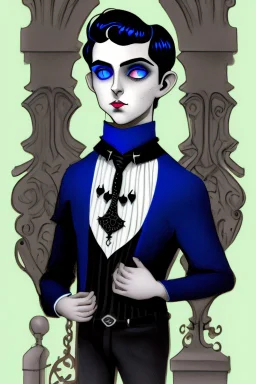 black haired blue eyed young man necromancer with gothic jewelry in the style of charles addams