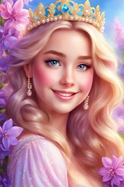 Adorable digital painting of a beautiful young girl fully dressed in gorgeous sparkling pearls, portrait of Rapunzel, sparkling crown, front view, beautiful smile, long shiny golden hair, blue eyes, beautiful face, rosy cheeks, lips Shiny pink, Rapunzel's face, digital art, surrounded by pink and purple hyacinth flowers, heavenly garden in the background, romantic style, dream world, high quality, 4k