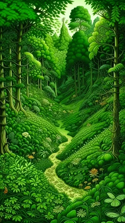A green forest filled with fairies painted by MC Escher