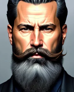 "MIddle aged white human male, with a trimmed but uneven beard, piercing eyes with slick back hair, full-scale head and shoulders portrait, 8k resolution concept art portrait by Greg Rutkowski, Artgerm, WLOP, Alphonse Mucha dynamic lighting hyperdetailed intricately detailed Splash art trending on Artstation triadic colors Unreal Engine 5 volumetric lighting Splash art fantasy"