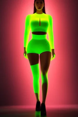 Full body portrait, painting, medium shot lady Spacecore volumetric nuclear waste glow skin-tight crop top and volumetric nuclear waste glow skin-tight miniskirt