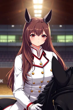 A portrait of a human woman with long brown hair and red eyes wearing competitive horse riding clothes, riding a black horse, modern dressage arena setting, anime style, intricately detailed, masterpiece, HD, 4k