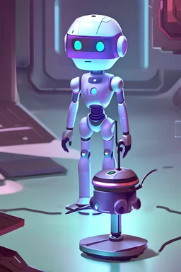 a small robot who is trying to navigate through a futuristic, sci-fi laboratory