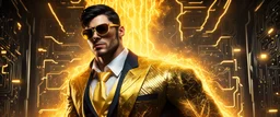 Hyper Realistic handsome muscular Electric-Superhero with short-black-hair wearing long-fancy-yellow-tuxedo-with-golden-circuit-patterns & fancy-golden-sunglasses in a dark-rustic-circuit-room with electric-sparks-&-rays & a massive circuit-board-wall with-glowing-embers showing dramatic & cinematic ambiance.