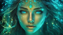 The photo is done in a bioluminescent and bioluminescent art style depicting a divine woman, Bioluminescent dewy translucent glowing skin, ethereal glowing eyes, long neck, perfect face in ultra-realistic details, flowing hair, greenish blue hues, The composition imitates a cinematic film with dazzling, golden and silver lighting effects. Intricate details, sharp focus, crystal clear skin create high detail. 3d, 64k, high resolution, high detail, computer graphics, hyperrealism, f/16, 1/300 sec.