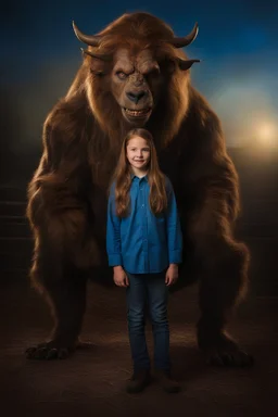 10-year-old Rob Perlman is posing for his school picture dressed as the beast from the TV show Beauty and the Beast - Sparkling, Sky blue Background, professional quality studio 8x10 UHD Digital photograph by Scott Kendall - multicolored spotlight, Photorealistic, realistic stock photo, Professional quality Photograph. colored Fog