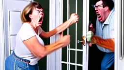 lady angry with man installing the screen door