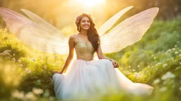 A gorgeous smiling indian model in a fairy outfit with great glittering wings in a hills of flowers with 1000 y/o trees, a small torrent, loads of mini flowers, moss, sun rays through the branches, particles in the air at spring