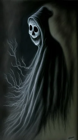 pencil drawing of ghost, Spooky, scary, halloween, black paper, color