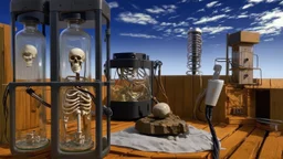 The image features a surreal scene with a wooden deck under a blue sky. It includes several glass containers: one contains a skeleton, another appears to have an unknown object, and there are also devices resembling electrical plugs. The setup has a mix of organic and mechanical elements, creating an intriguing, futuristic atmosphere.