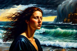 create a classical-abstract-realist sci-fi fantasy portrait painting of a lonely distraught woman with highly defined facial features, walking on the shore of a tempestuous sea in the style of Donato Giancola, Hans Memling, Titian, and Caravaggio, 8k, highly detailed, otherworldly and fantastic