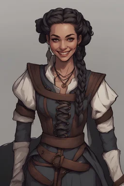 smiling woman in medieval clothing with black messy braided hair , d&d character art, curse of strahd