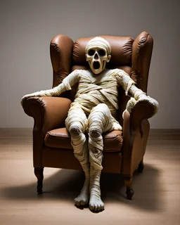 a decrepit mummy leaned over in a brown chair, mouth open