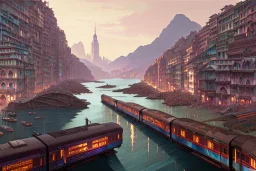 close up train+Elevated train+riomaggiore corner building+Italian colourful sea village +alphonse mucha, greg rutkowski,matte painting, cryengine, hyper detailed, felix kelly, fantasy art, seb mckinnon