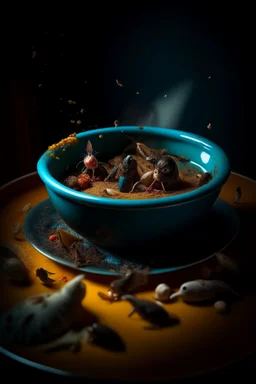 Photograph HD of a broth teeming with loathsome insects and floundering human forms, contained in a bowl placed on a well-set table hole, all is made of cake-frosting and felt, Ernst Haekel, Max Ernst, fairytale, strong texture, minimalist style, rich moody colors, sparkles, bokeh, hyperrealism, octane render, 33mm photography, tiltshift