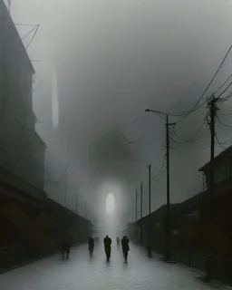 Dark street life creepy fog colours strong texture nightmare 8k artistic Photography volumetric light, Yves Tanguy Max Ernst Gustav Klimt chaos fool