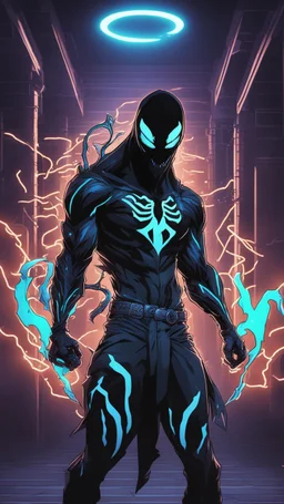 Mix between venom symbiote and Reaper in solo leveling shadow style with neon glowing blue