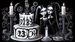 draw a birthday cake with logo number 23 and one candle 23 ,Insanely detailed Addams Family movie still with Barbie dolls, art by tim burton