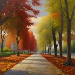 Realistic painting of an autumn scene featuring a tree-lined boulevard with leaves in vibrant colors covering the ground