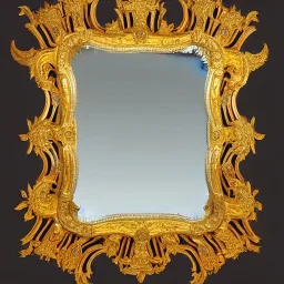 A 4K painting of A long ornate gold mirror. The mirror is fractured and broken into 100 symmetrical pieces