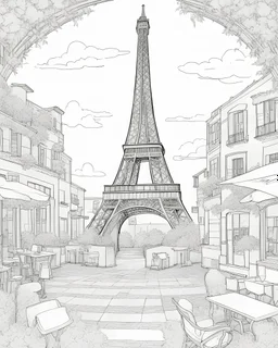 a coloring page, depicting the Eiffel tower in France, full page, black and white, line art, outline, highly defined,