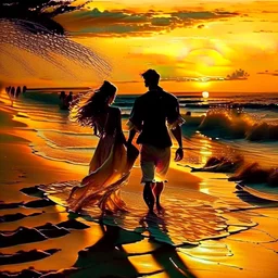 Amidst the beach's embrace, a youthful couple walks, love radiating effortlessly. Sunset's golden touch paints them, shadows intertwining. Her flowing dress mirrors the boundless sky, his gaze, pure devotion. Laughter mingles with waves, creating a symphony. A universe of affection resides in stolen glances, entwined fingers, smiles. Time pauses, their love the focal point. The world fades, leaving their profound connection aglow.