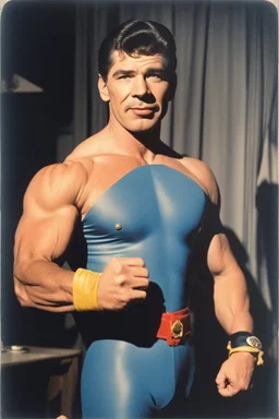 [superboy logo elegant] color photography of Charles Bronson as powerful superbly, standing up at CES 1952 [Consumer Electronics Show, Norma Jeane] ready for a arm wrestling, a lot of electronic devices