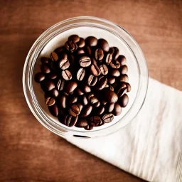 cinematic shot of coffee beans inside a glass bowl, glass, crystal, dewdrops, warm lighting, soft lighting, sunbeam, linen