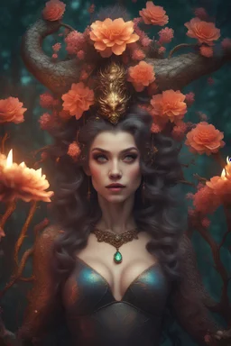 hot villains woman of flowers , with mixing a dragon style accessories and fashion, belly,ornaments hair,sparkle ,candels,realistic,portrait,nature goddess character concept, big eyes, smoky eye makeup, in the style of surreal beauty, floral scenery, majestic woods, exotic realism, beautiful colorful volumetric lighting, sharp focus, depth of field, masterpiece, octane render, concept art, trending on artstation, trending on CGSociety, 32k