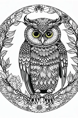 a wise owl in a charming European woodland, clean line art, monochrome, for kids coloring book