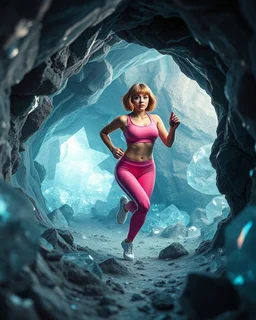 make a picture pretty crystal CIFI cave made of and jwells, 3d fractal recursive cubic and sphere base crystals and a beautiful fashion model lady with cute,bob hair,makeup, in pretty sports suit is running inside cave ,dynamic camera fallow her inside cave capturing full body, dynamic lights.