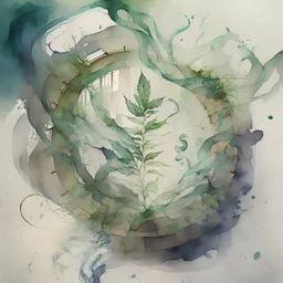 Create a sketch composition featuring smoke trails swirling in the shape of a labyrinth, while crushed weed leaves form the walls and pathways, inviting viewers to embark on a visual journey of self-discovery. water colour