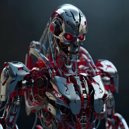 Robot humanoide, calidad ultra, hiperdetallado, intrincado, maximalista, colores plateado y rojo, 8k 3D