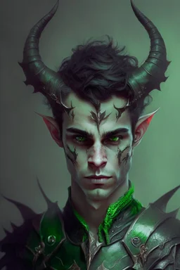 Demonio hombre joven hermoso con cuernos pequeños y armadura negra y verde