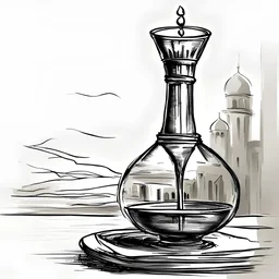 sketch, a dark Omani tower of a medicine , with a glass of water