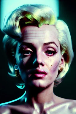 Ultra Realistic image, portrait, blonde woman, sweet Marylin Monroe face, perfect iris, glow eyes, gold makeup. Cyberpunk style, latex coat, fog, rain, soft color, highly detailed, unreal engine 5, ray tracing, RTX, lumen lighting, ultra detail, volumetric lighting, 3d, finely drawn, high definition, high resolution.