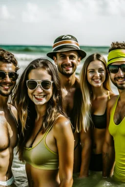 a group of friends about to swim at the beach