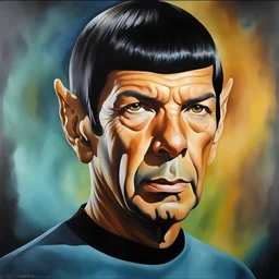 Mr. Spock Facial Portrait, dark, multicolored watercolor stained wall in the background, oil painting in the art style of Boris Vallejo, 32k UHD, Hyper realistic, photorealistic, realistic, sharp, highly detailed, professional quality, beautiful, awesome, majestic, superb, trending on artstation