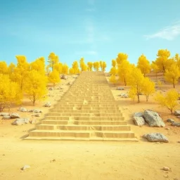 Photograph, wasteland, taiga trees, bright, brutalist steps, daylight, rocce, infinite cage up to the sky, brutalist, liquid, polvere, open air museum style, blue, apparecchi elettronici, powder, yellow, minimalist, details of the dust very accentuated, deep 3d field