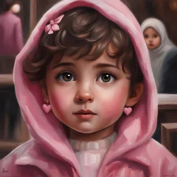 Painting of a little girl with big hazel eyes and short brown hair with a pink jacket and heart earrings, Iranian little girl, 2 years old, adorable eyes, cute face, light colors, adorable little girl, oil painting, beautiful oil painting, painting style, romanticism painting